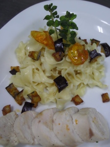 Mastic flavored pasta from Chios with marinated chicken & eggplant cubes
